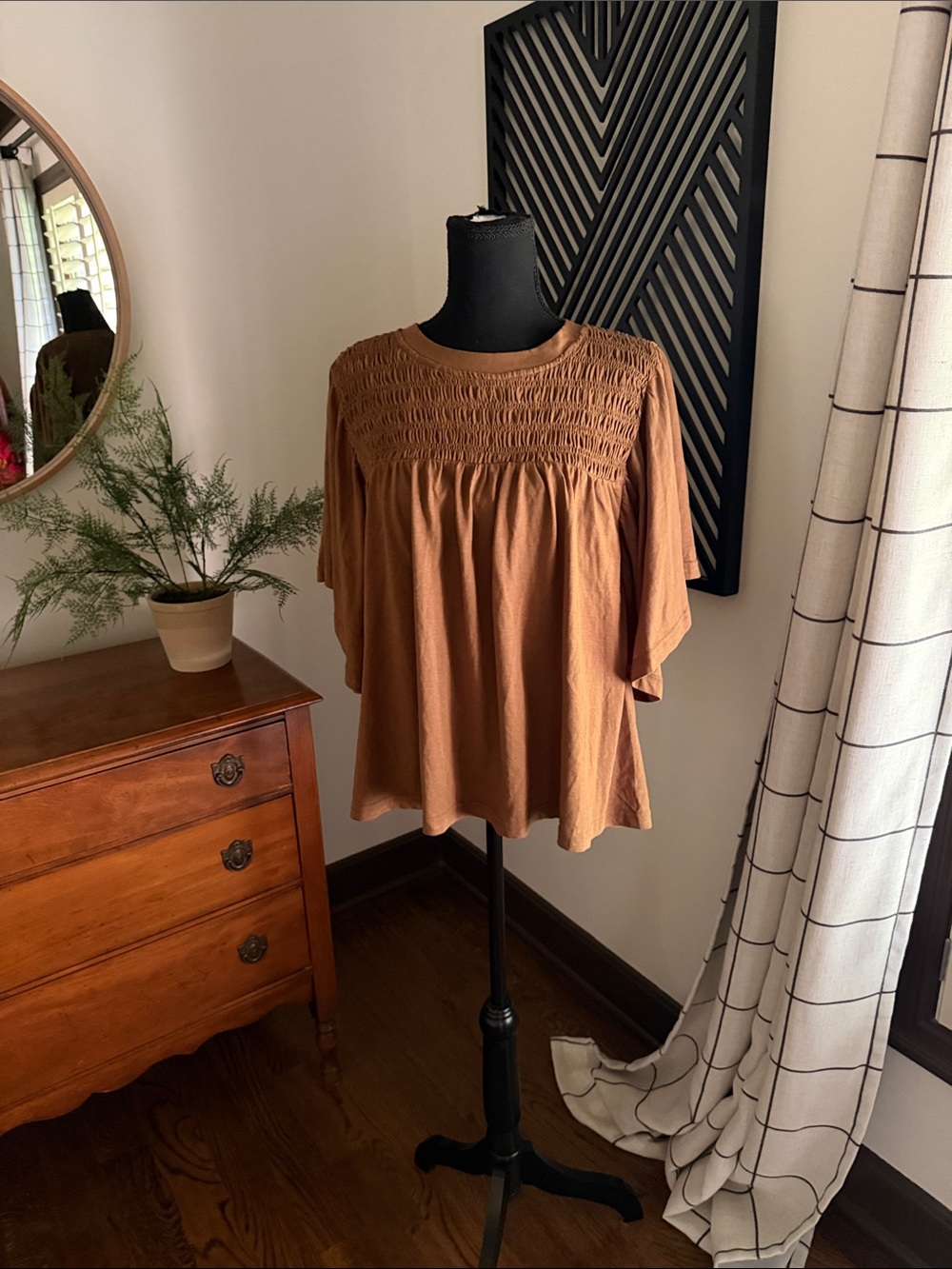 easel Smocked Yoke Short Sleeve Top - Brown medium